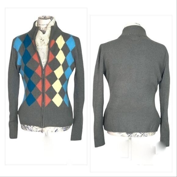 Gray Long Sleeve Full Zip Mohair Blend Argyle Pattern Cardigan - Picture 2 of 11